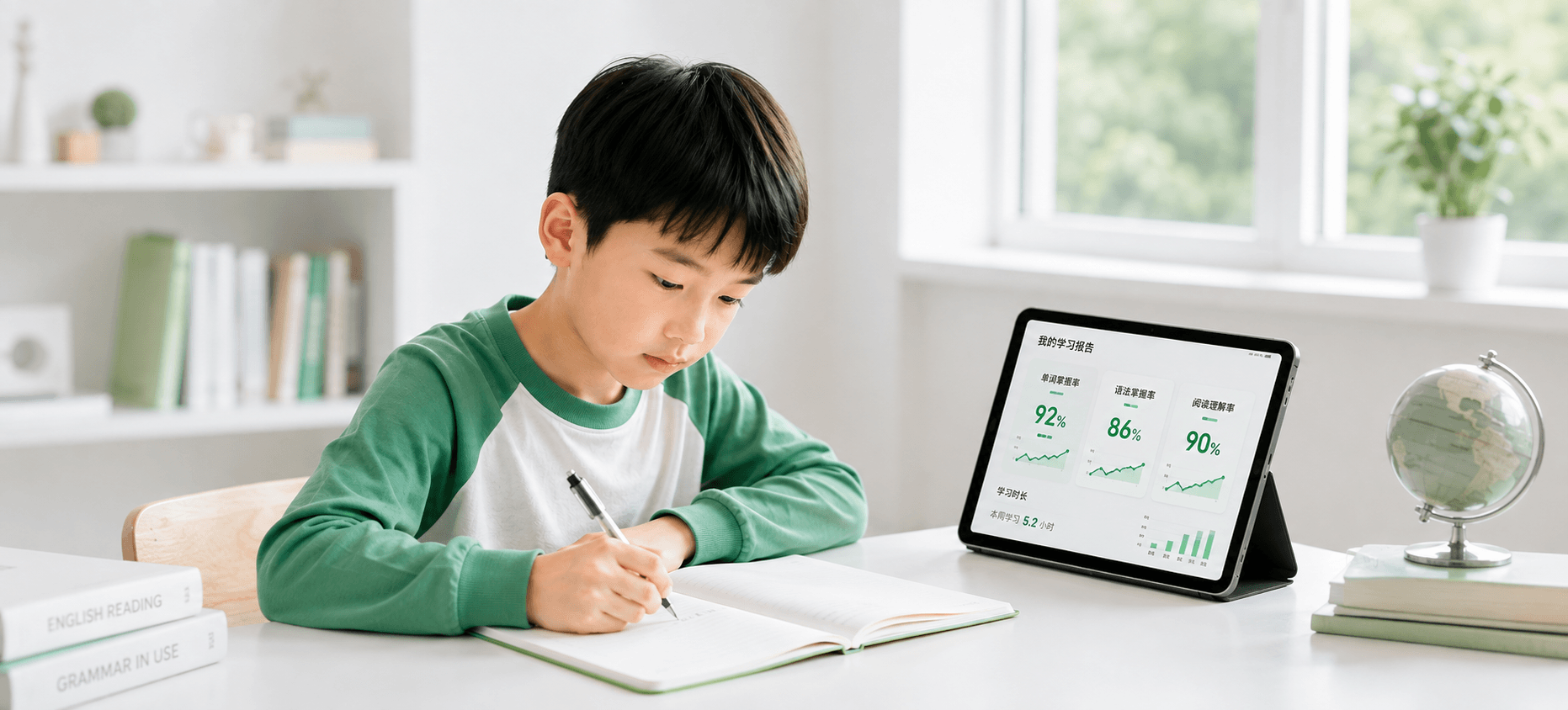 学生对照平板完成英语课程学习